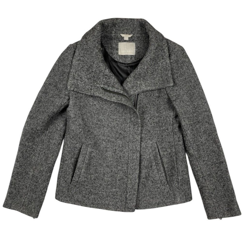 SOIA and KYO 'Reagan' Asymmetrical Bouclé  Jacket wool Charcoal Coat  XXS nwot - Picture 2 of 8